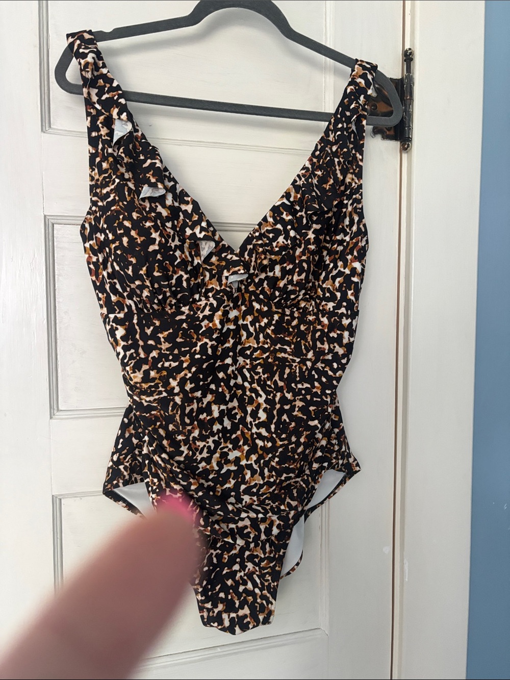 DKNY Black, White & Brown Animal Print One-Piece Swimsuit